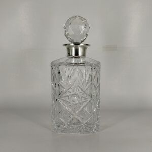 Vintage Silver Topped Cut Crystal Glass Square Decanter With Stopper 8.5" Tall